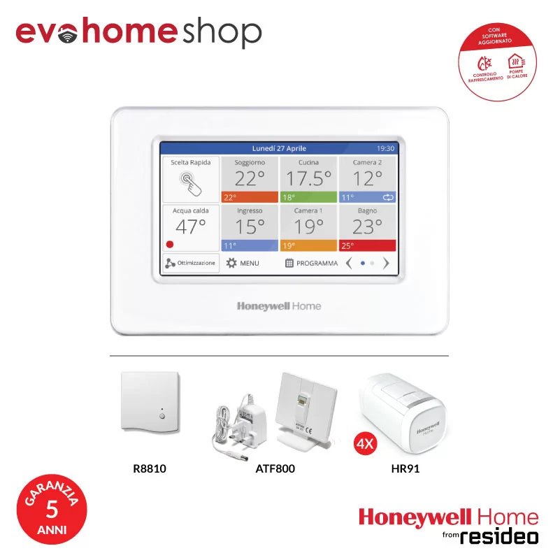 Evohome Kit 4 Zone con relè Caldaia - Base da Tavolo e 4 testine HR91