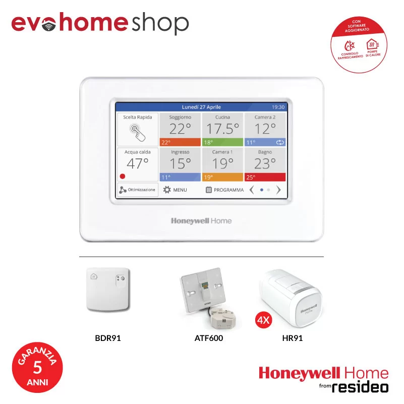 Evohome Kit 4 Zone con relè Caldaia - Base da Muro e Testine HR91 Evohome Kit 4 Zone con relè Caldaia - Base da Muro e Testine HR91
